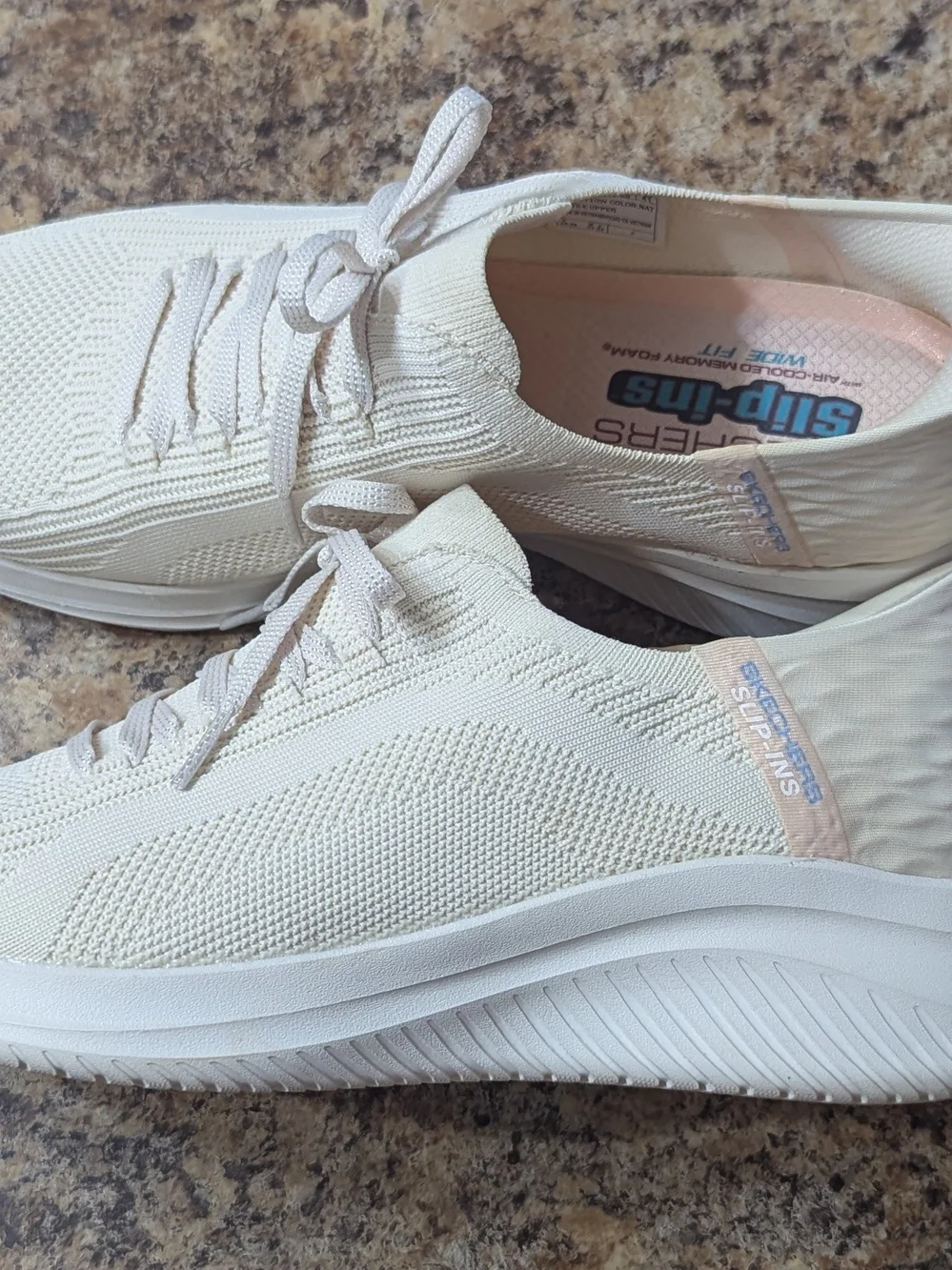 Skechers Women’s Slip-On Knit Sneakers in Cream 11 Wide